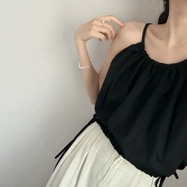 [오엔느](흰,검) 셔링 홀터넥 나시 블라우스 여름 주름 끈나시 민소매 스트링 밴딩