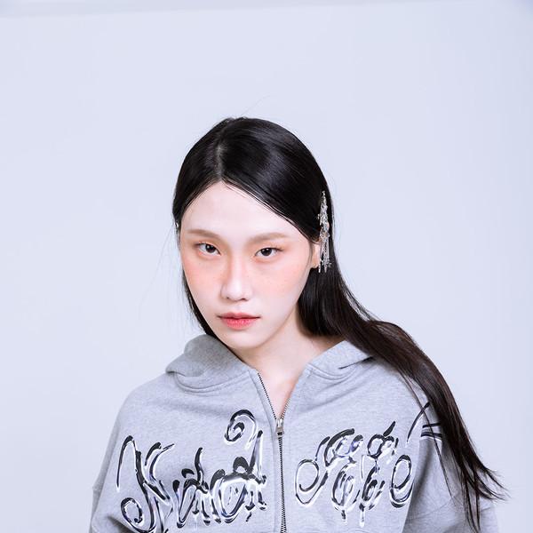 Metallic Logo Hooded Zip-Up Gray