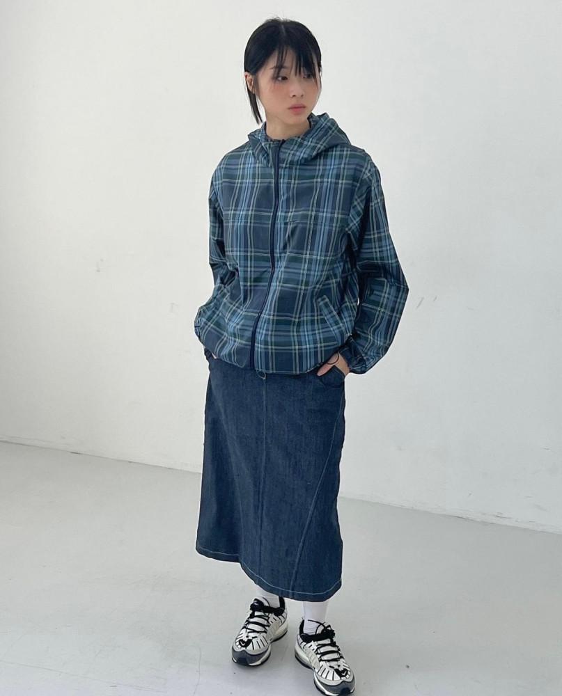 가을 스티치 로우 데님 롱스커트 (2color)