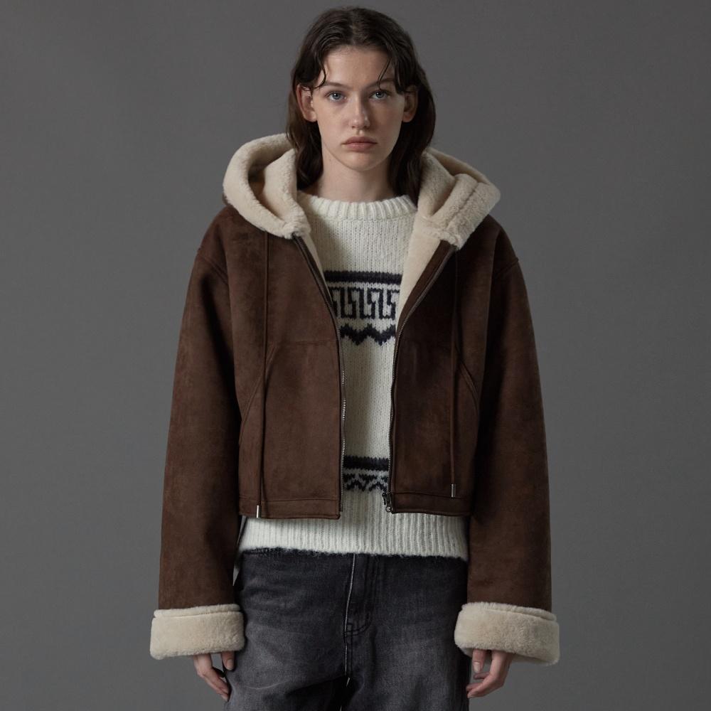 Crop hood shearling coat (brown)
