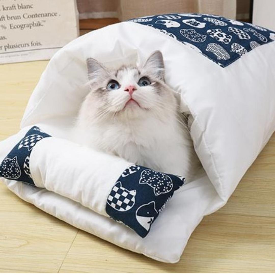 멍해묘해 강아지 이불 방석 침낭 다다미 침낭 쿠션 네코세카이 세트 블루 고양이 S