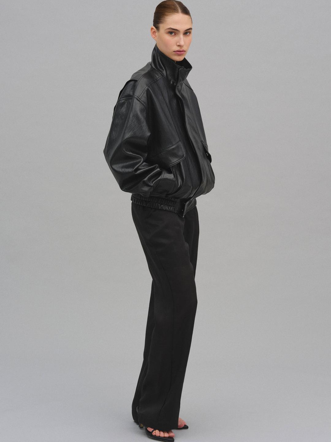 Faux Leather Bomber Jacket, Black - One Size