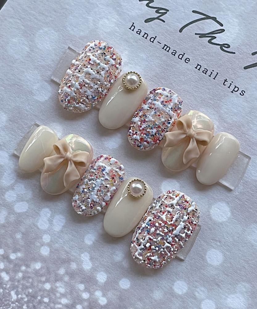 수제 네일팁 테라조 트위드 체크 리본 파츠 붙이는 네일