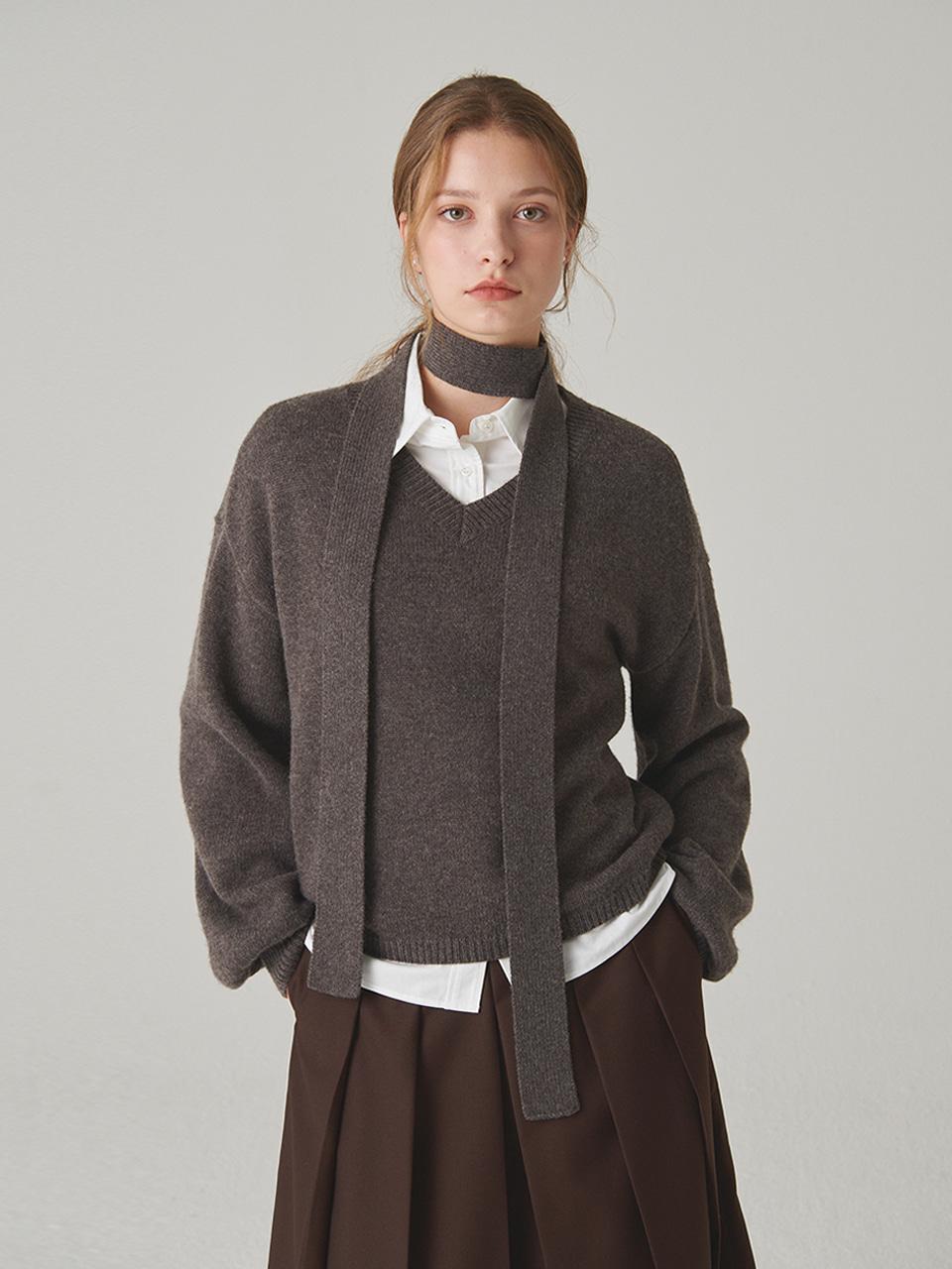 V Neck Muffler Knit - deep brown브이넥 머플러 니트