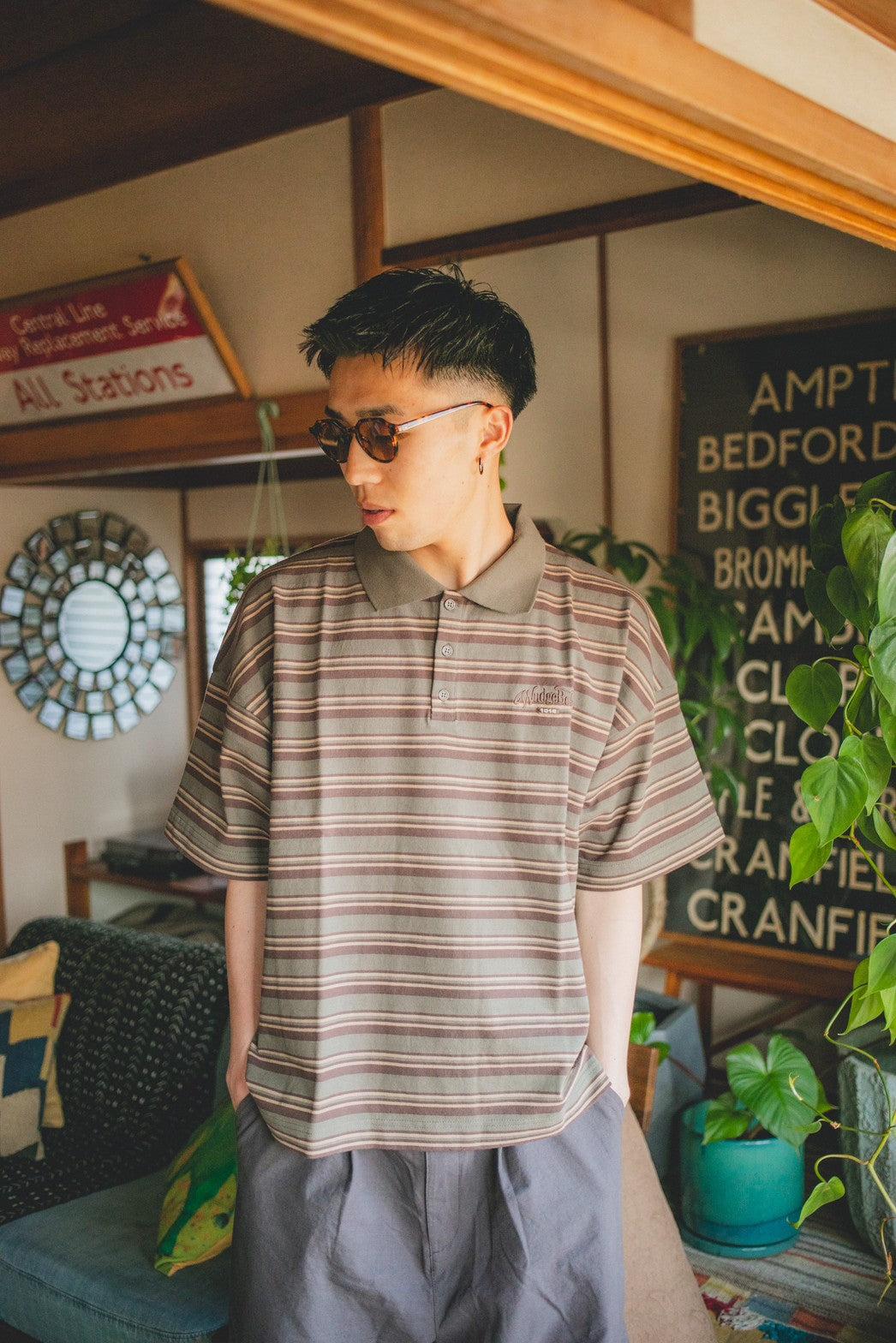 border polo shirt - カーキ / M