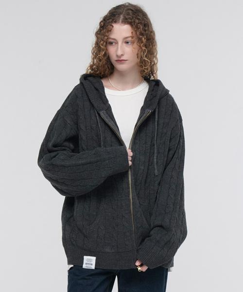 CABLE KNIT ZIP-UP HOODIE (CHARCOAL)