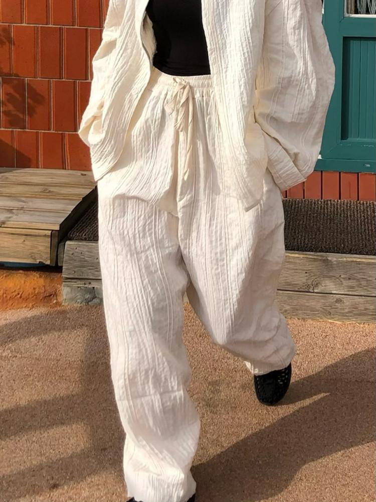 밴딩 롱 와이드 주름 스트라이프 하노 린넨 팬츠 (2color)
