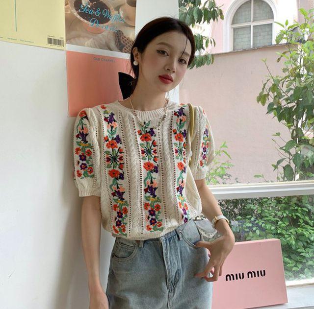 플라워 반팔 니트/ 여름니트 /러블리 반팔니트