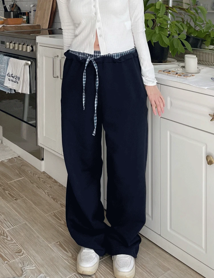 오비 체크 밴딩 스웻 팬츠(와이드핏) (2color)