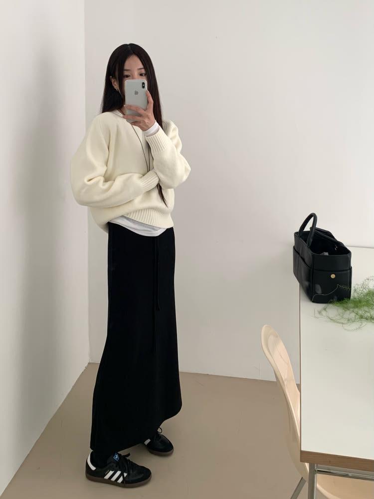 우아 기모 슬림 A라인 벨트 맥시 스커트 2col