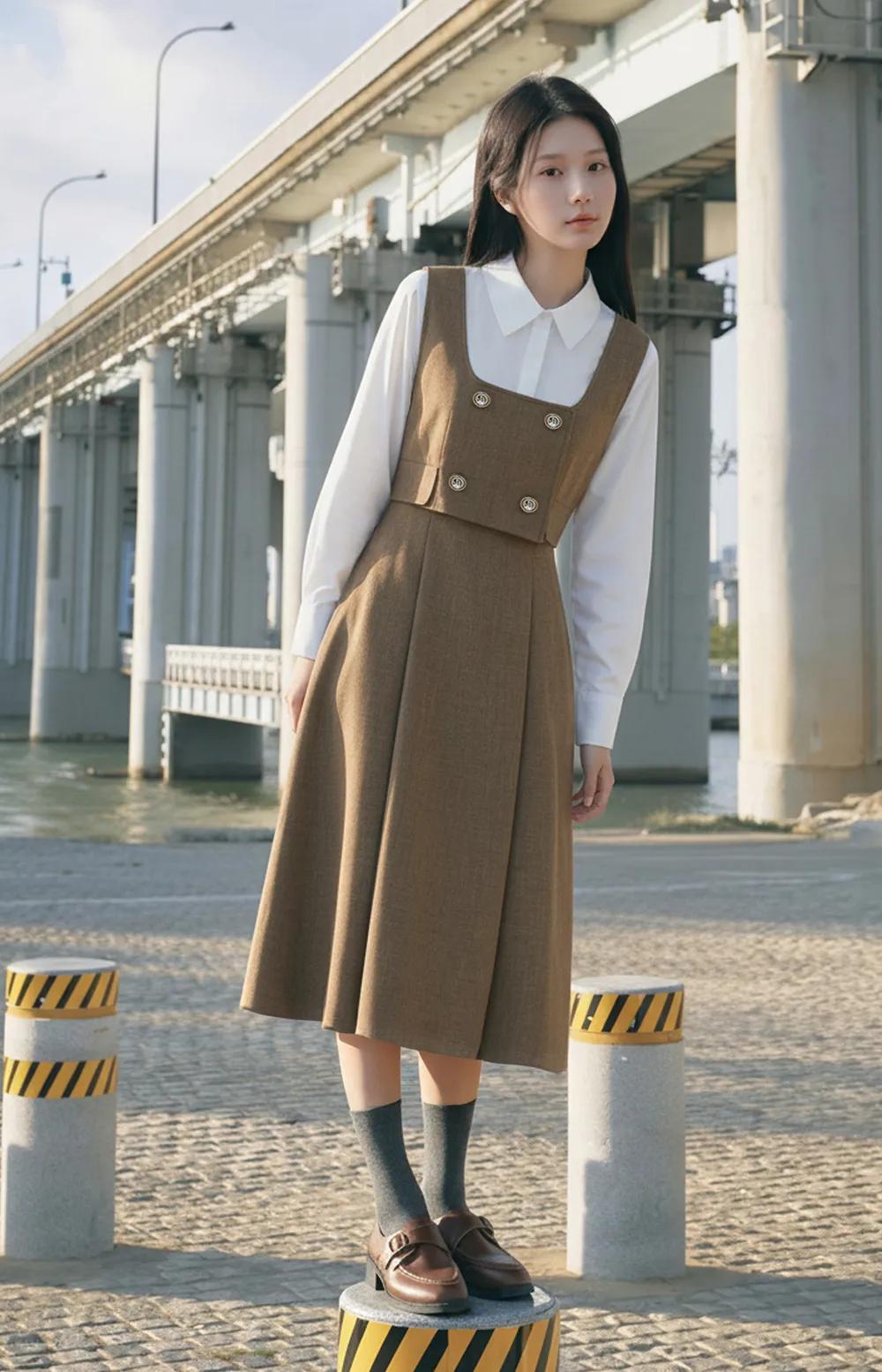 비비스트 배색 더블버튼 원피스