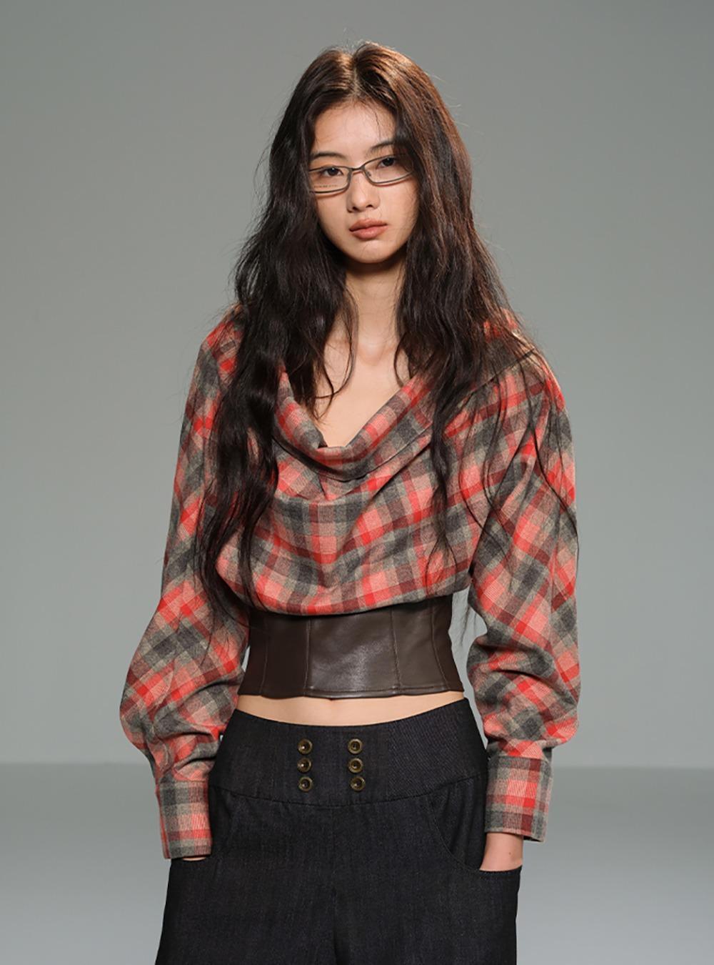 Red Check Leather Patchwork Off-Shoulder Top