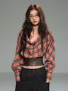 Red Check Leather Patchwork Off-Shoulder Top