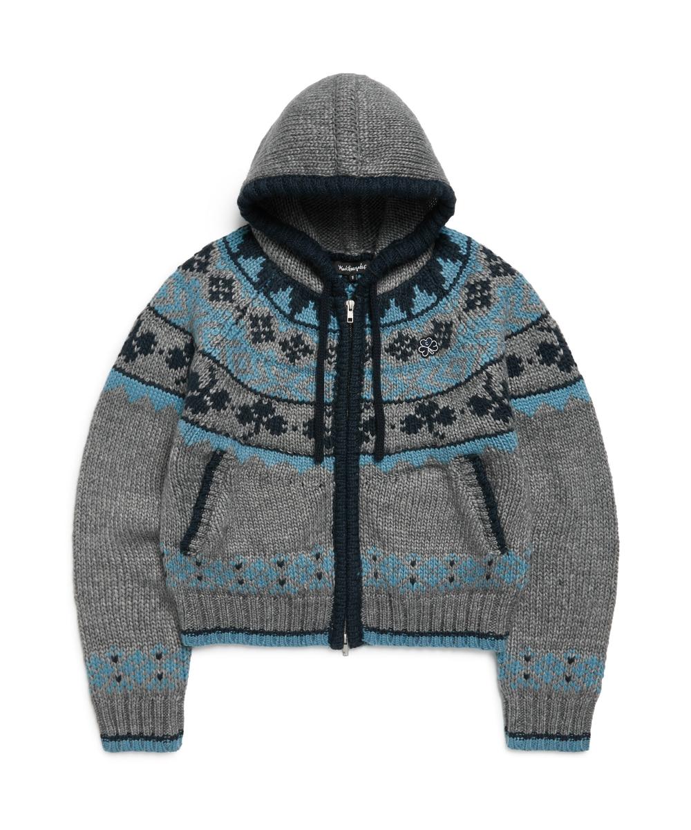 우먼즈 노르딕패턴 후드집업 니트 가디건 - CHARCOAL