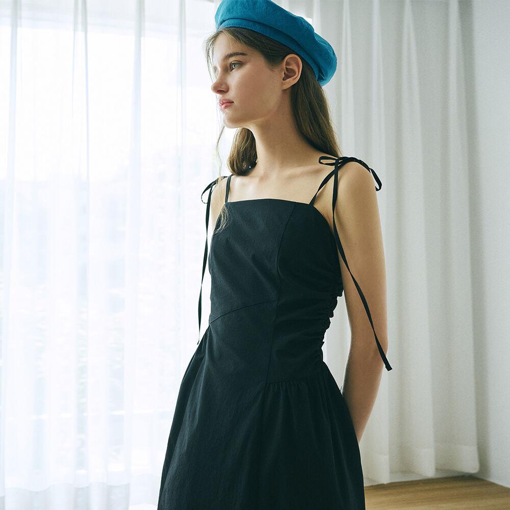 Slip Side Shirring Dress, Black