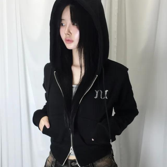 [‼️1천장판매] [MADE/핏보장] N-LOGO 핫픽스 큐빅 투웨이 세미 크롭 슬림핏 후드집업 - Black