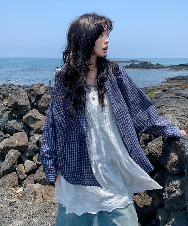 에이비글 [5컬러🍃] 메이코 시어서커 루즈핏 체크 셔츠  여름 살안타 빅사이즈 오버핏 면 코튼 롱 남방