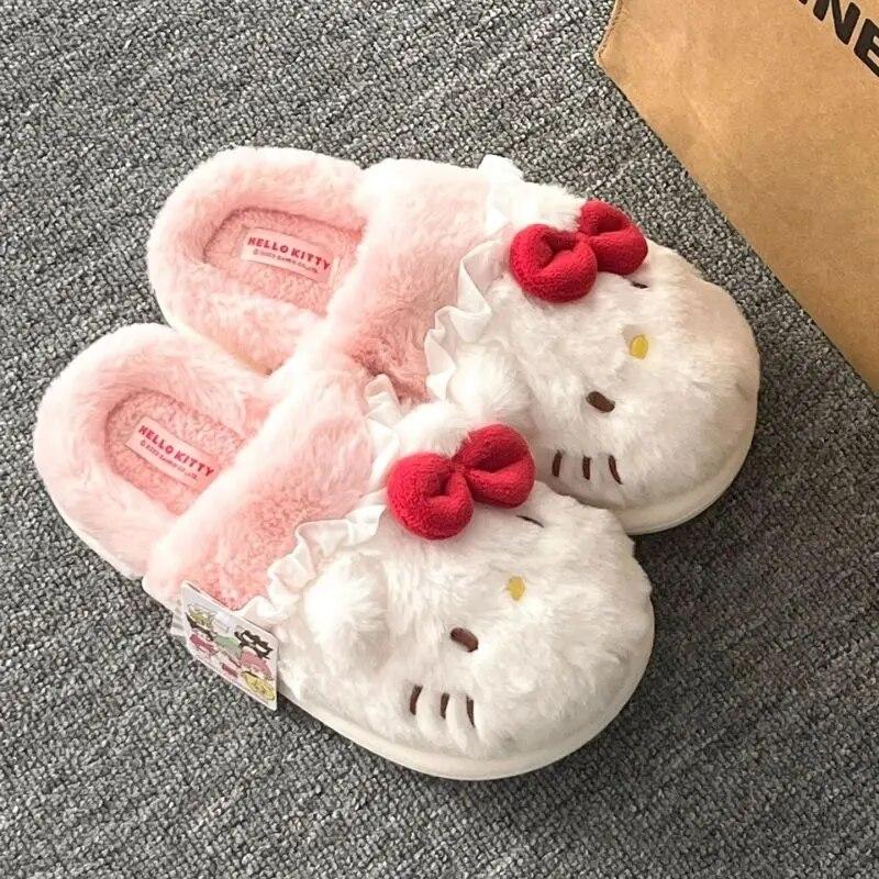 헬로 키티 산리오 귀여운 애니메이션 면 슬리퍼, 가을 및 겨울, 가정 실내 따뜻한 패딩, 두꺼운 바닥 면 신발, 소녀 애니메이션 선물