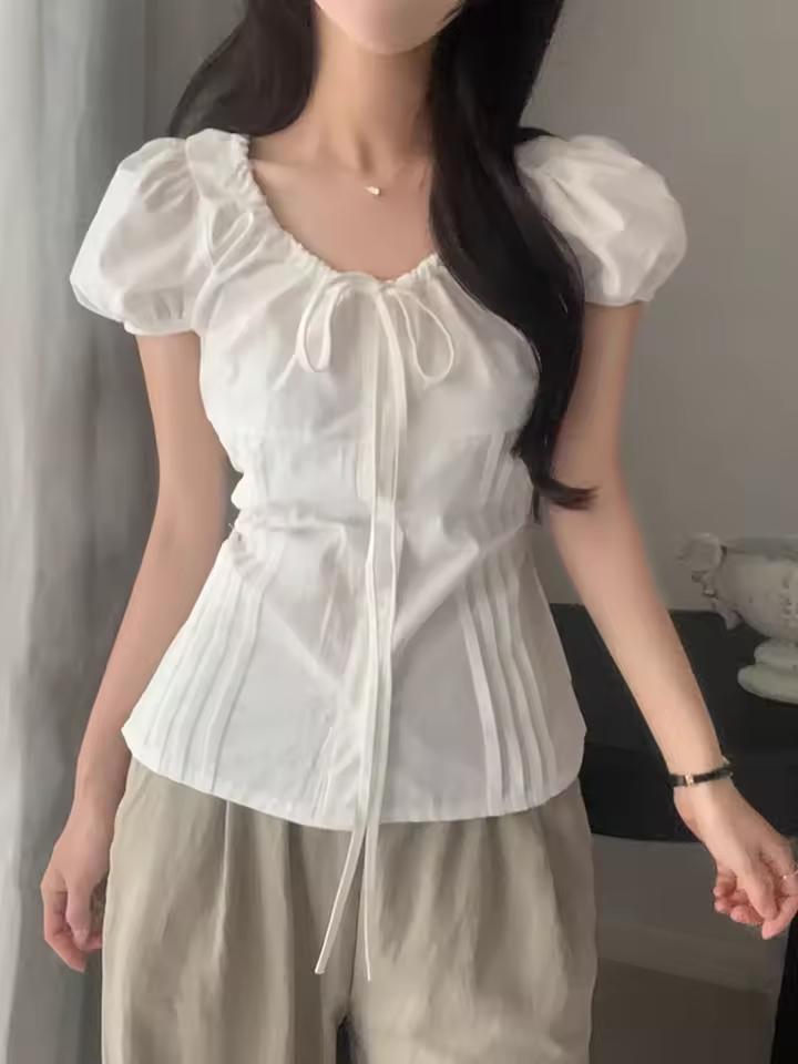 여성 버블 슬리브 셔츠 드로우 스트링 허리 여름 새 스타일 다목적 슬림 피트 Pleated 한국어 버전 반소매 라운드 넥