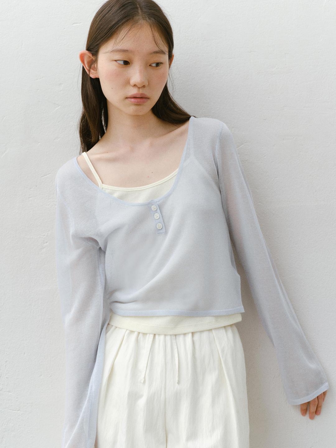 Linen button U-neck knit_3colors