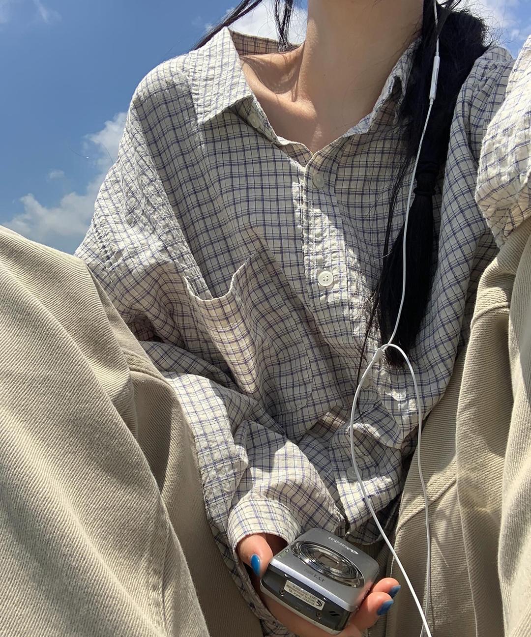 리넨느 (unisex) mue over check shirt (beige blue)