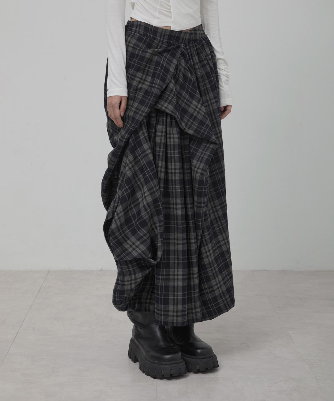 Asymmetrical Draped Layered Long Skirt (FL-256_Checkered)