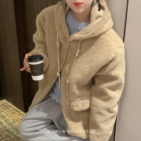 테디 후드 털 무스탕 하프 코트 jk / 겨울 후드코트 캠핑룩 삿포로