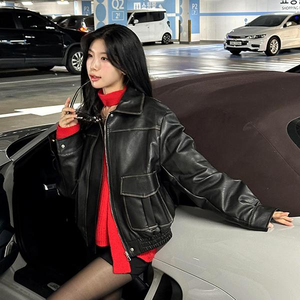 가온해 영상 [당일/made🎈] 고퀄 배색 레더 포켓 루즈핏 레더 점퍼 자켓