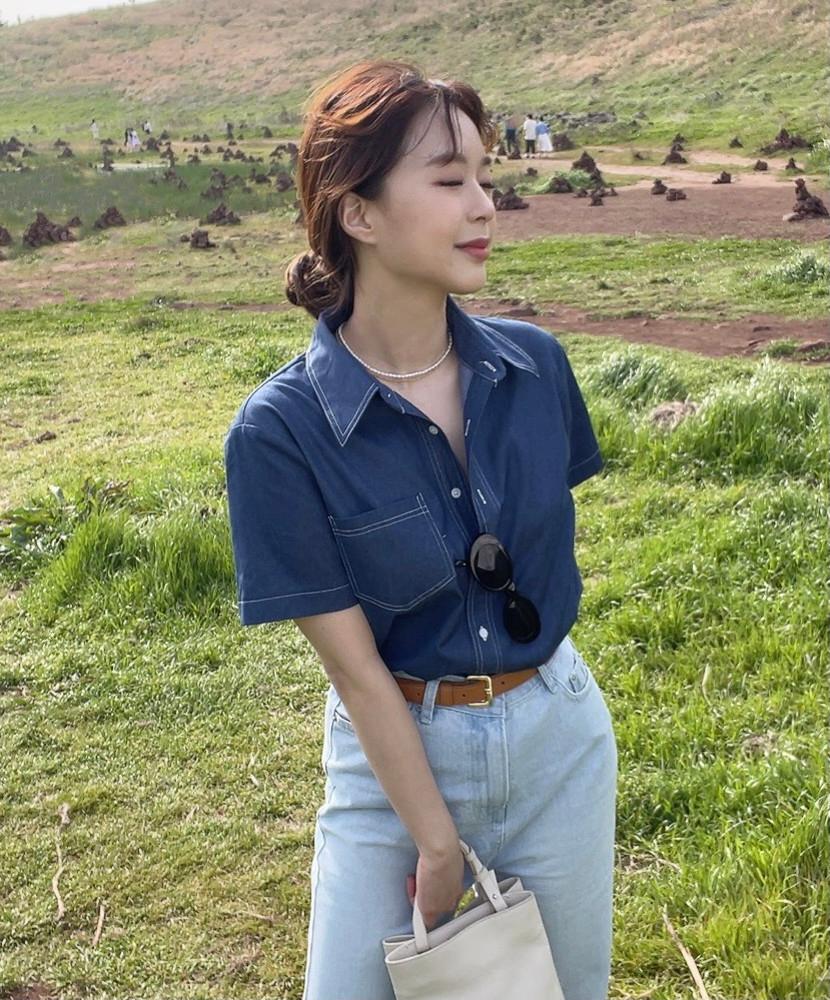 데님 스티치 반팔 셔츠