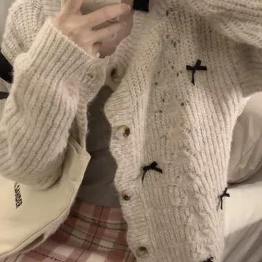 오트밀 니트 가디건 라운드 넥 긴 소매 스웨터