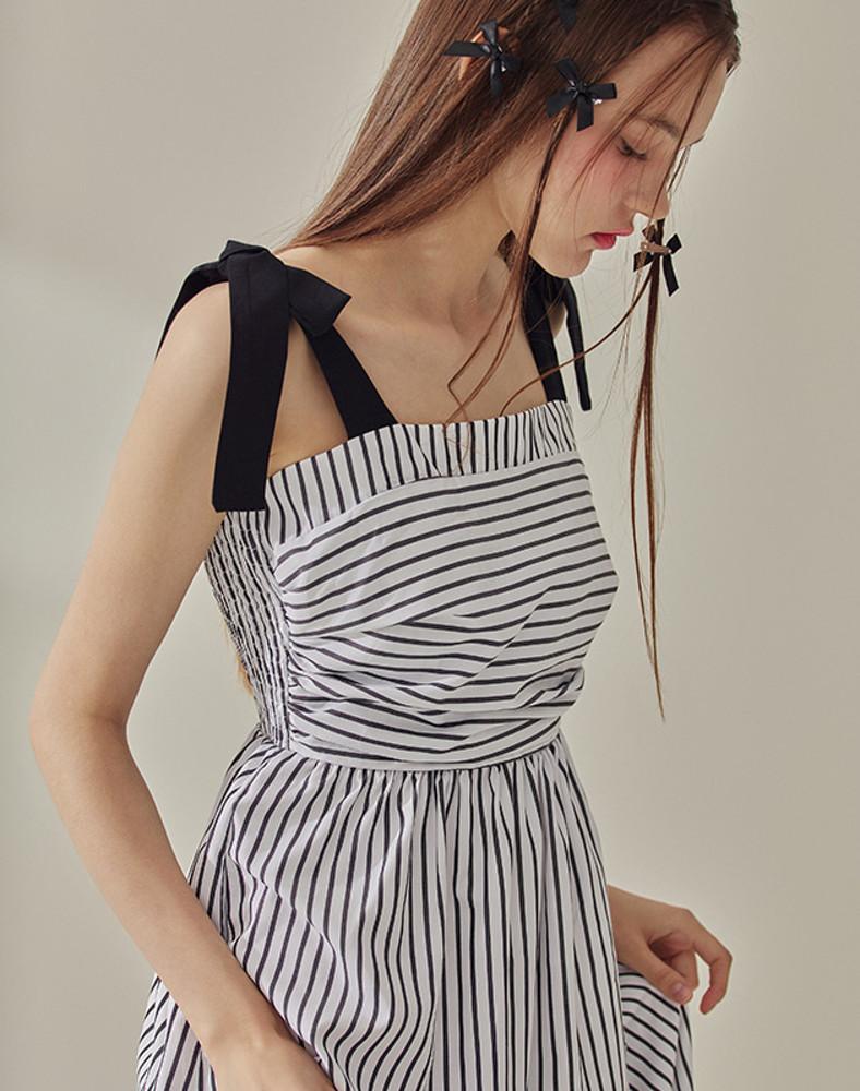 스트라이프 리본타이 롱원피스