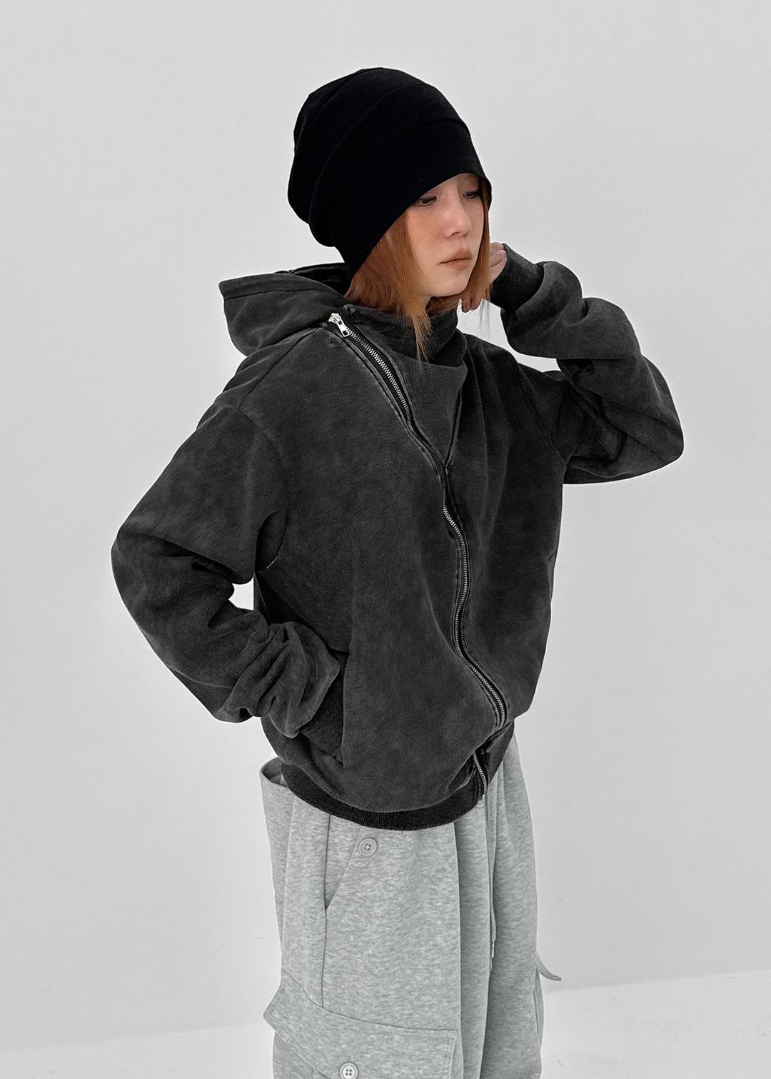 블랙업 딘테 사선 하이넥 워싱 후드집업