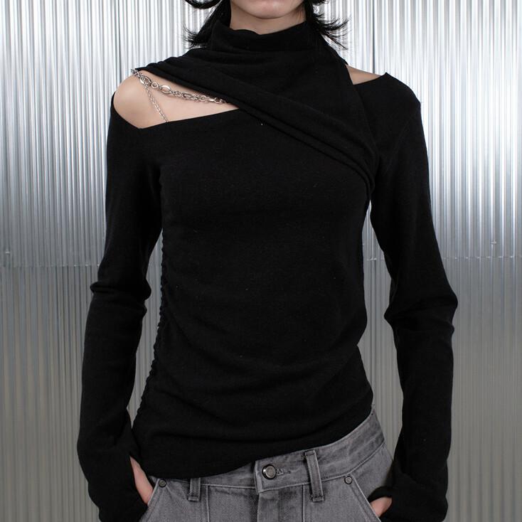 HALF NECK LOGO GLOVES TOP_BLACK