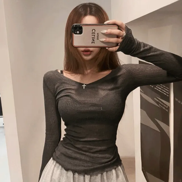 [팔뚝살소멸/글램핏] 브이넥 여리 시스루 데일리 티셔츠