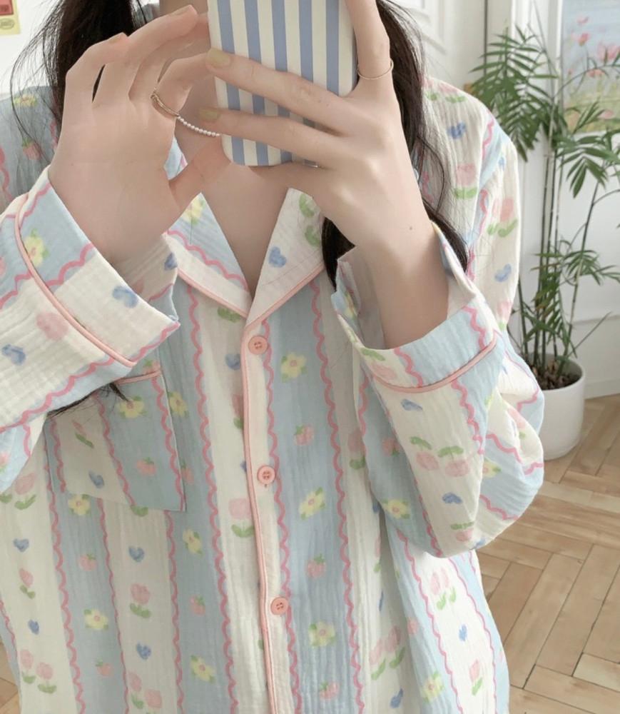 여성 긴팔잠옷 핑크 라인꽃 플라워 파자마 파티 자취 홈웨어