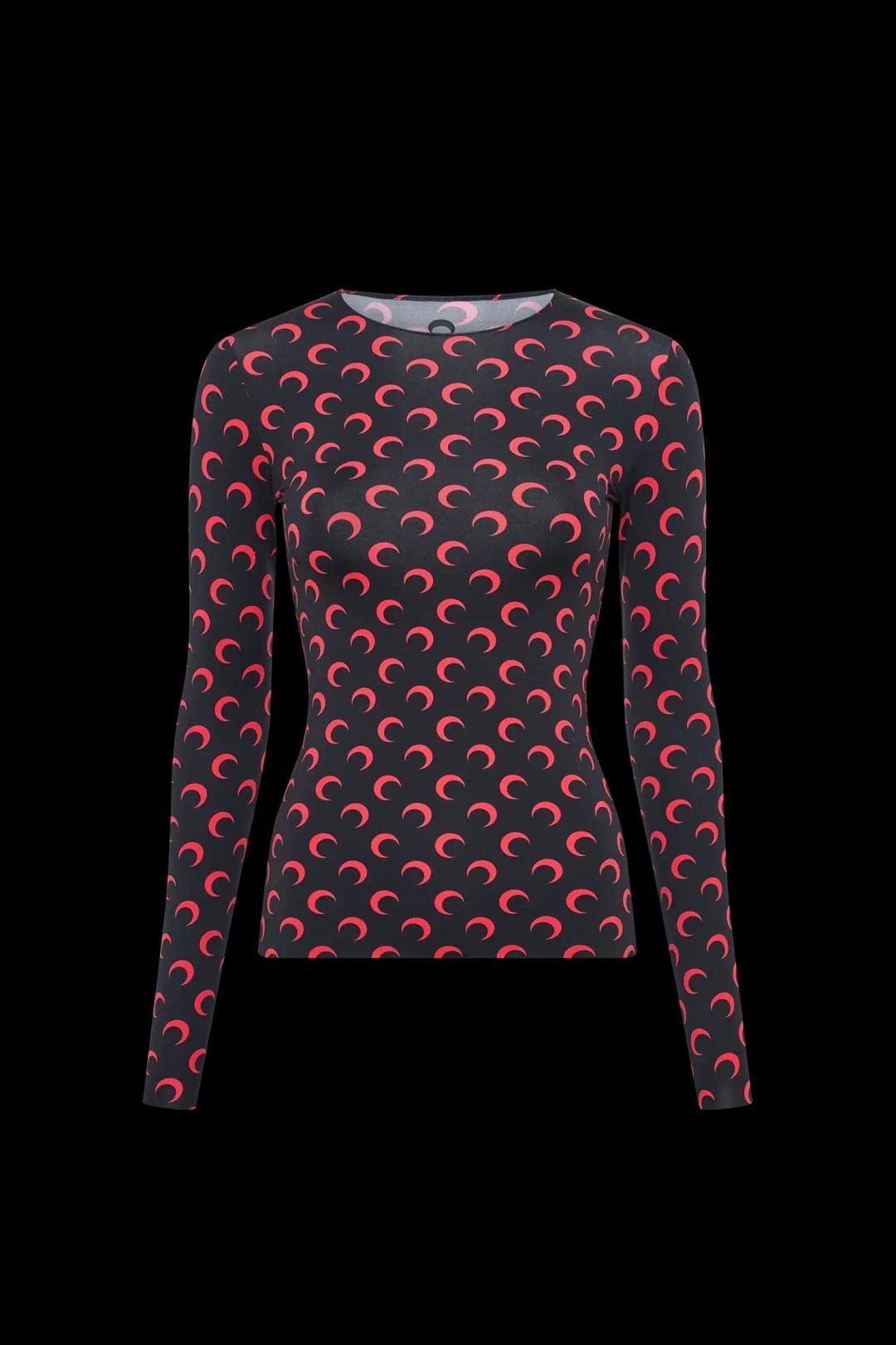 라인스톤 문 저지 세컨드 스킨 크루넥 탑 블랙&레드