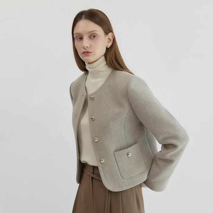 Herringbone Short Wool Jacket Beige AT5JAF042BI