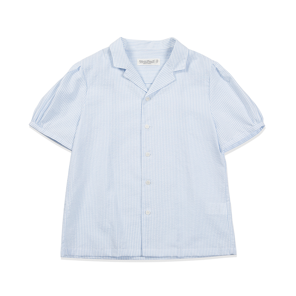 Shirring Sleeve Shirts - Stripe Skyblue