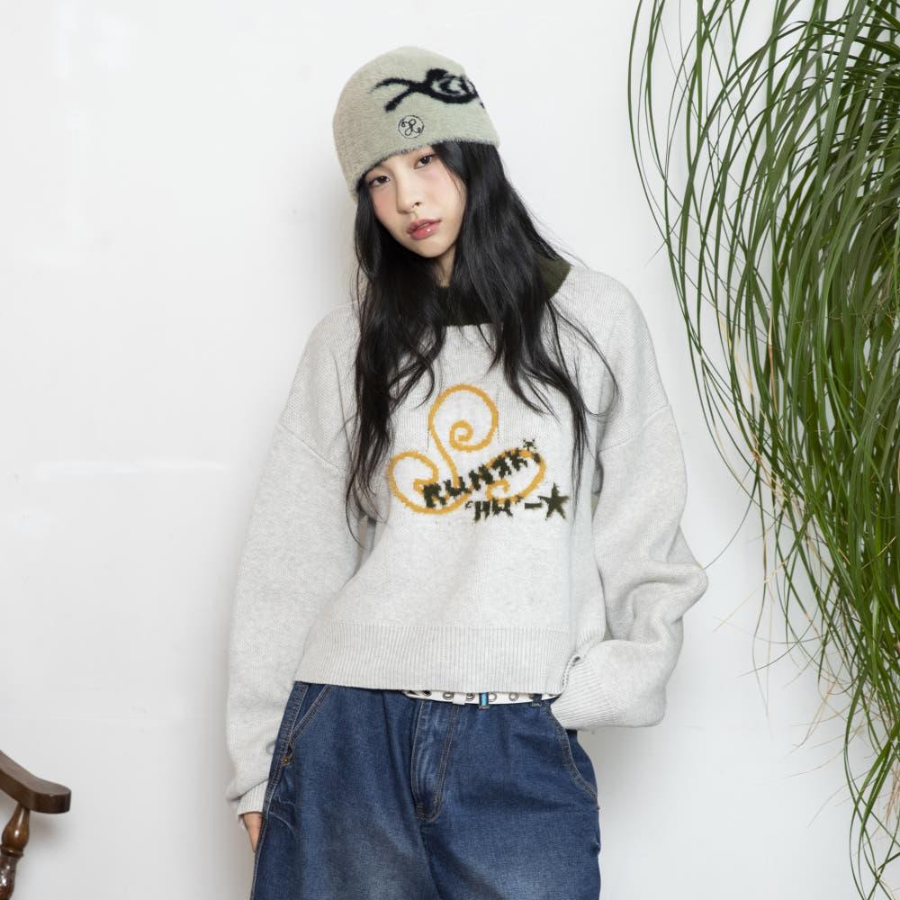 WXK011 루나키후 스노우 풀오버 세미 크롭 니트 멜란지오트밀