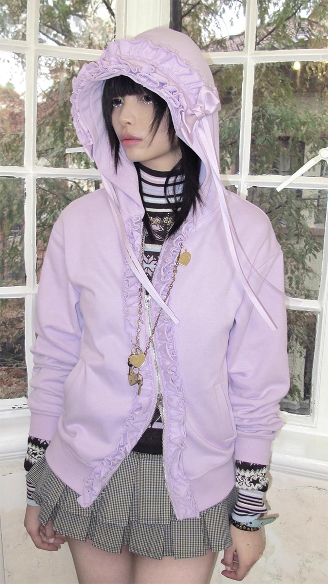 [lis calla] Head Dress Hooded Zip-Up (light purple)