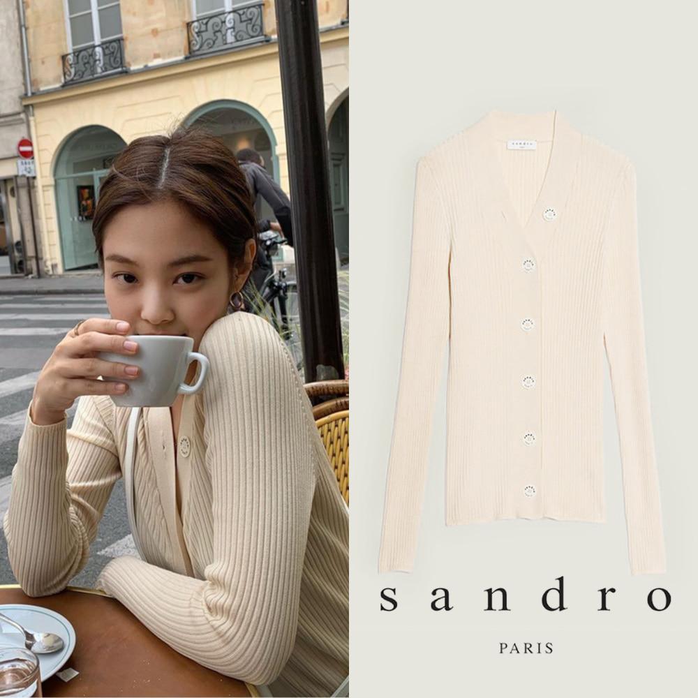 [Sandro] 산드로 에크루(아이보리) / 블랙 색상 가브리엘 Fine rib knit 가디건 (제니 착용)