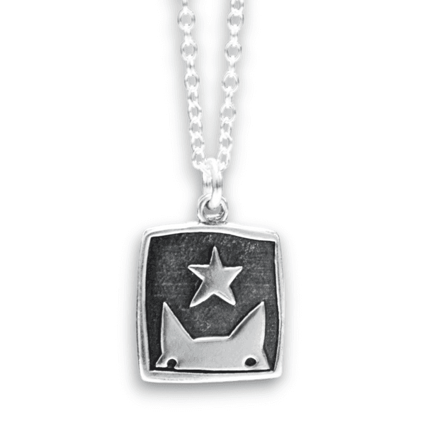 Sterling Silver Star Cat Charm Necklace on Adjustable Chain - Framed Star Gazing Kitty Jewelry