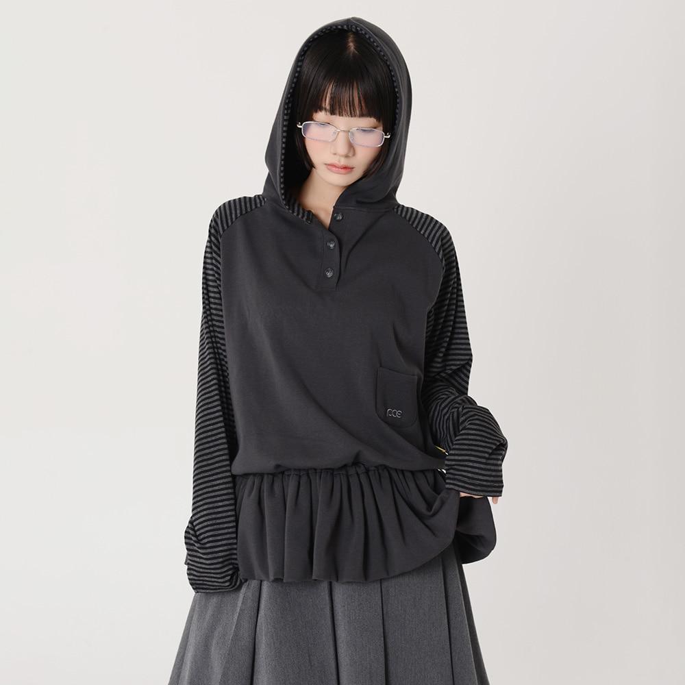 STRIPE BALLOON SKIRT LAYERED HOODIE (CHARCOAL)