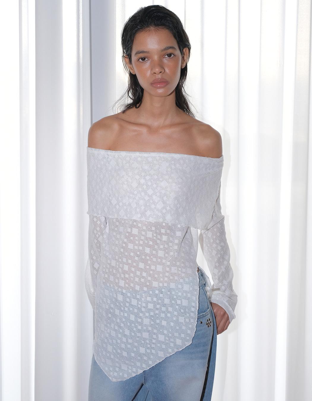 ARGYLE LONG OFF-SHOULDER TOP, WHITE