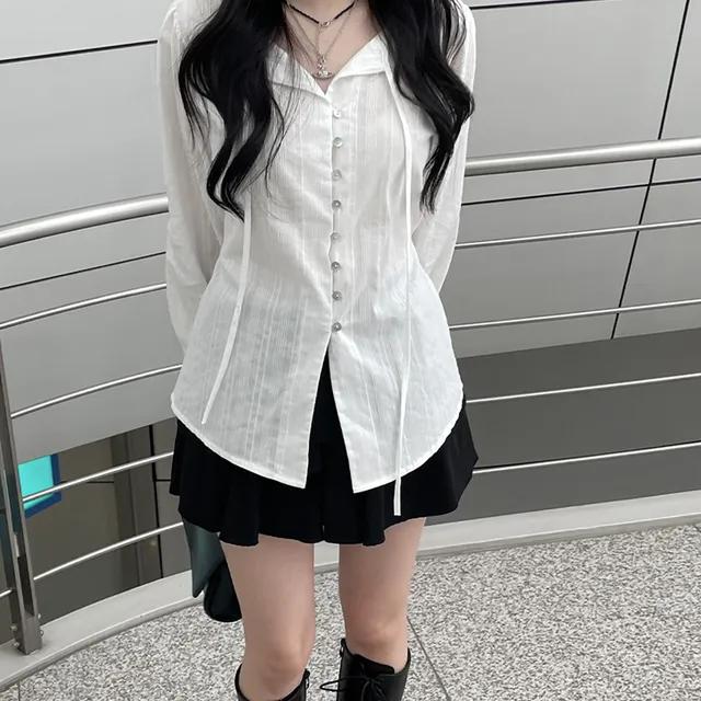 르나 리본 자개단추 셔츠 긴팔 블라우스