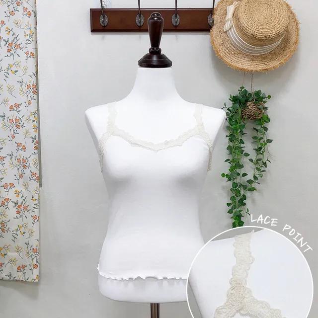 로로 레이스 끈 나시 골지 물결 민소매 이너 티셔츠