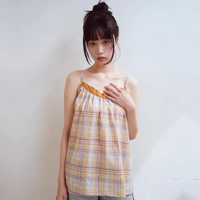 Check Lace Layered Dress, Yellow