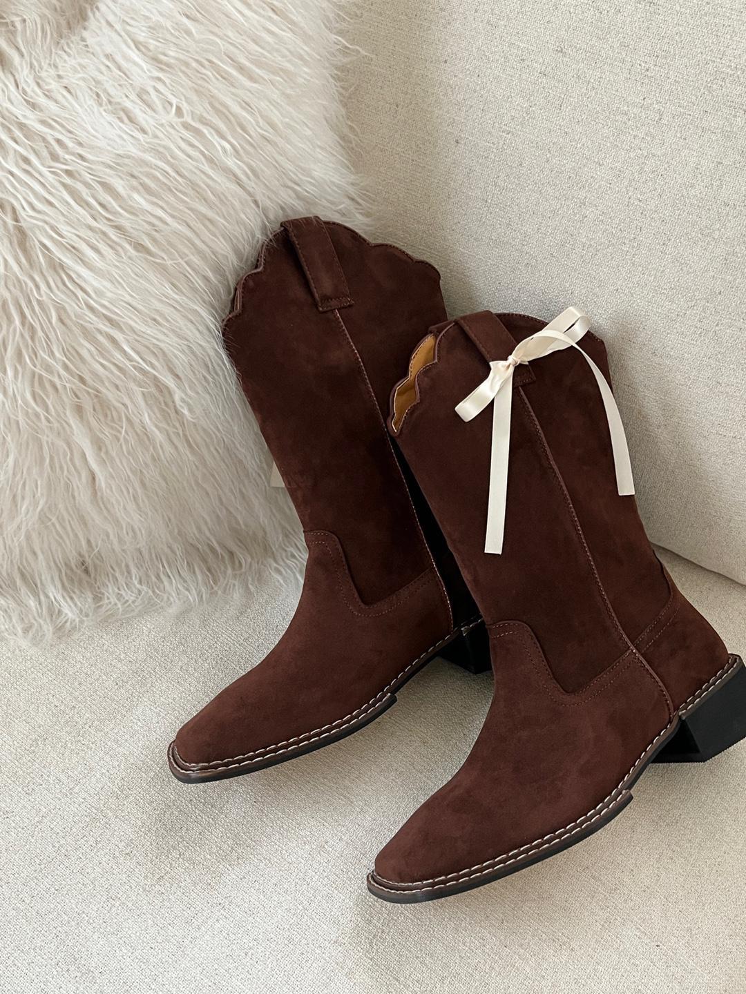 리본포인트 물결 웨스턴 미들부츠 통넓은 여자부츠 2color