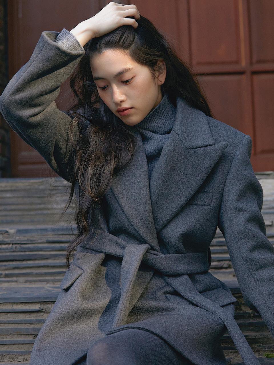 [24FW 재입고] SIENNA semi-double breast belted half coat_Charcoal Grey