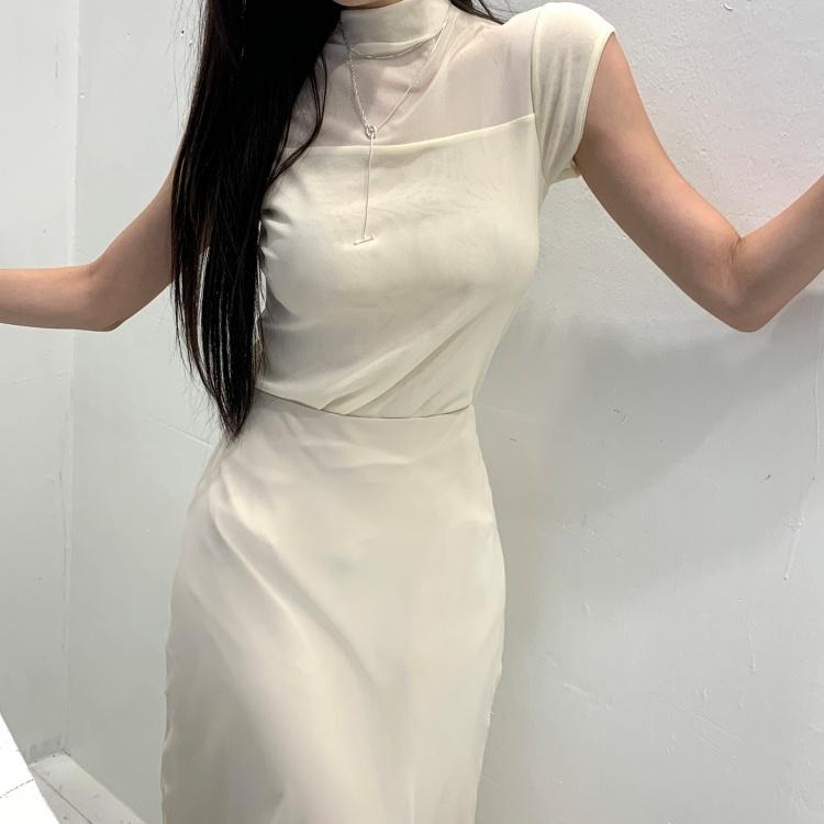 끌로에드 *섹시무드*모어 배색 시스루 망사 반목 반팔 캡소매 기본 슬림핏 티셔츠 2color